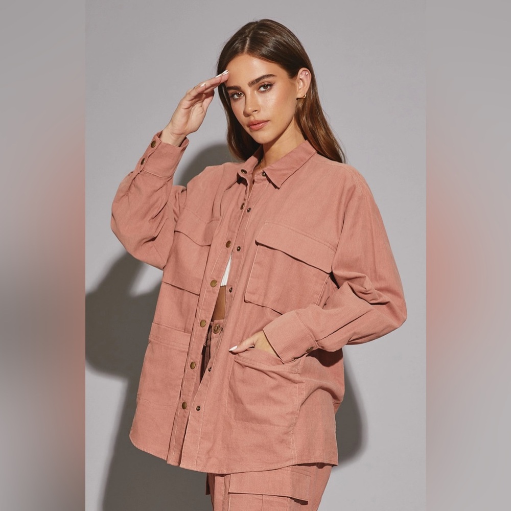 Oversize long sleeve Front Pocket Corduroy Shirt-Dusty Rose